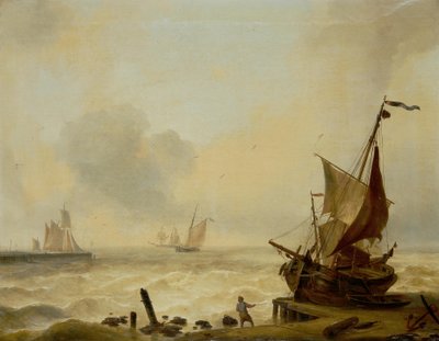 Small Boats Struggling in a Heavy Swell off the Harbour Mouth by Charles Louis Verboeckhoven
